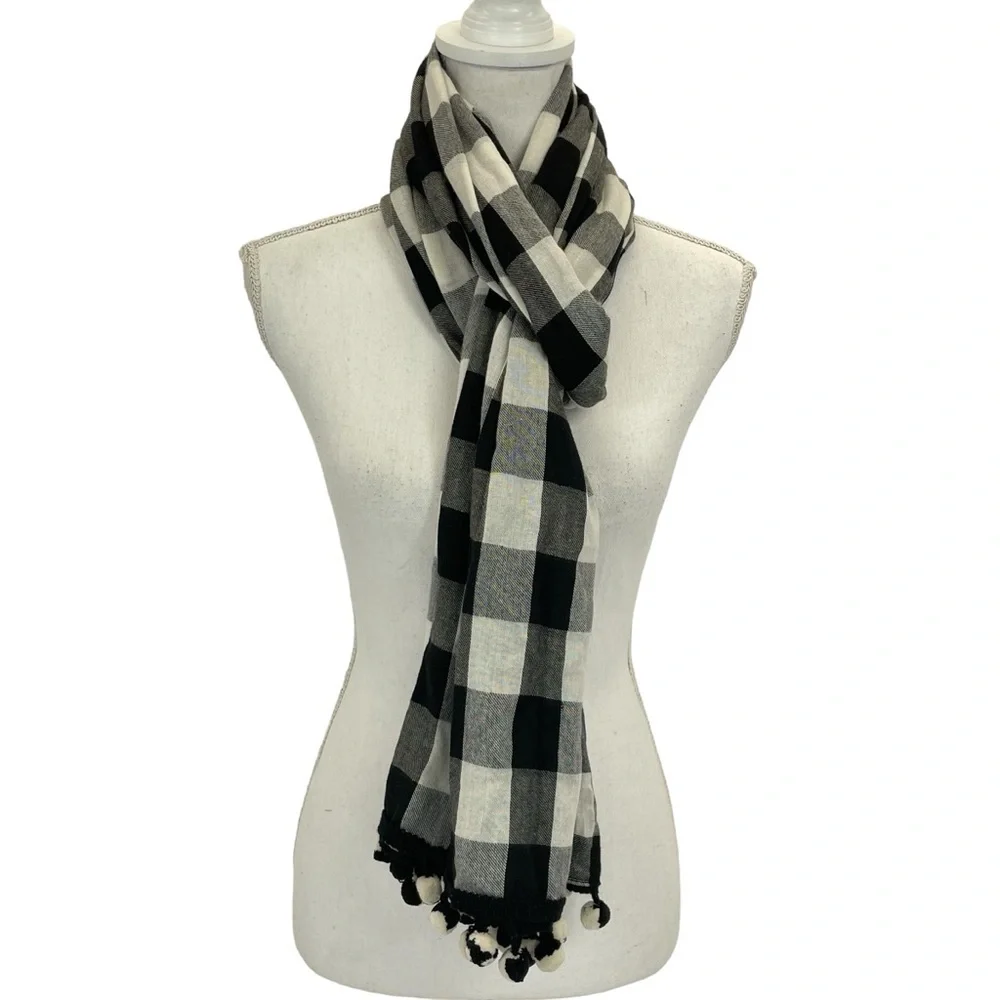 Talbots Scarf Wrap Plaid with Pompoms OS Black & White